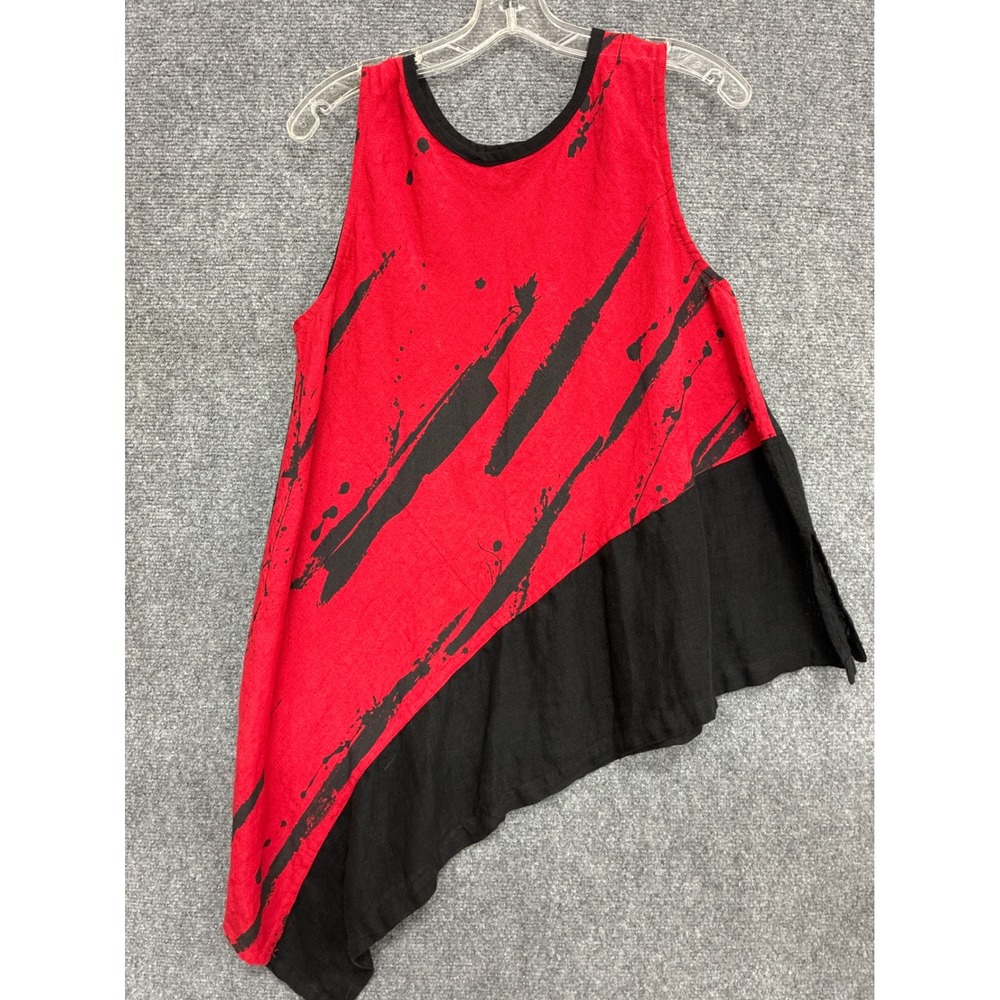 Mara Gibbucci Red Black 100% Linen Asymmetrical Tank Top XL Lagenlook Sleeveless